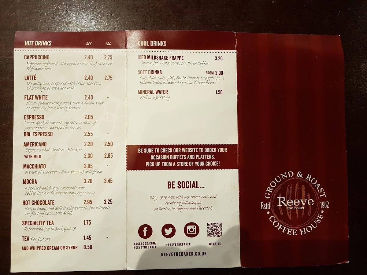 Menu at Reeve The Baker cafe, Salisbury, 2 Butcher Row