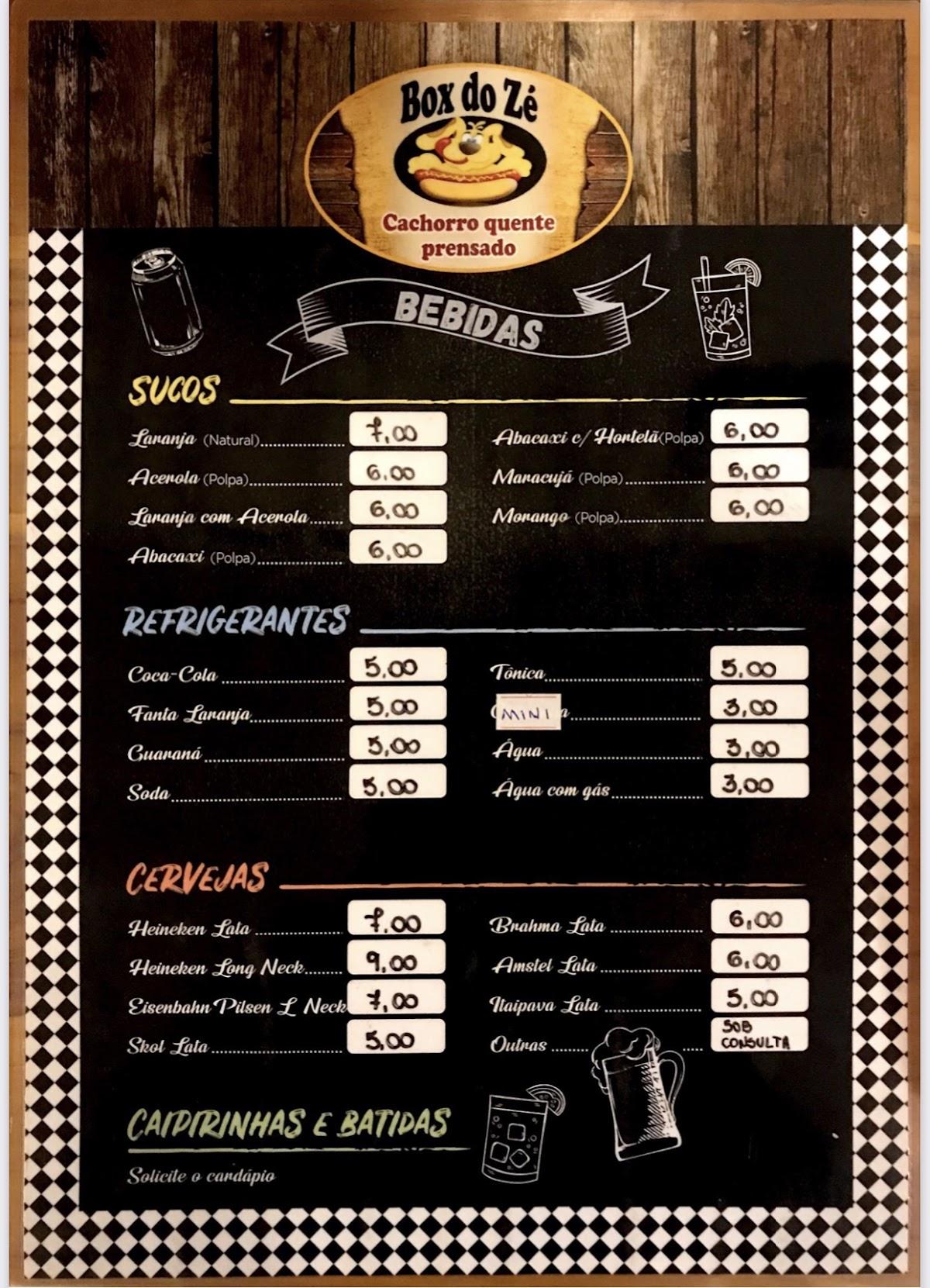 Menu em Box do Zé pub & Bar, Serra Negra