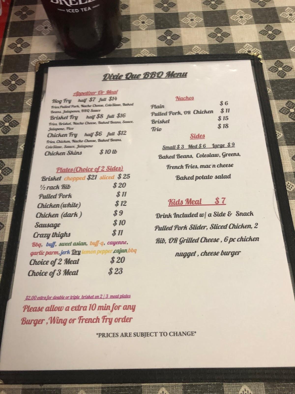 Menu at Dixie Que restaurant, Picayune