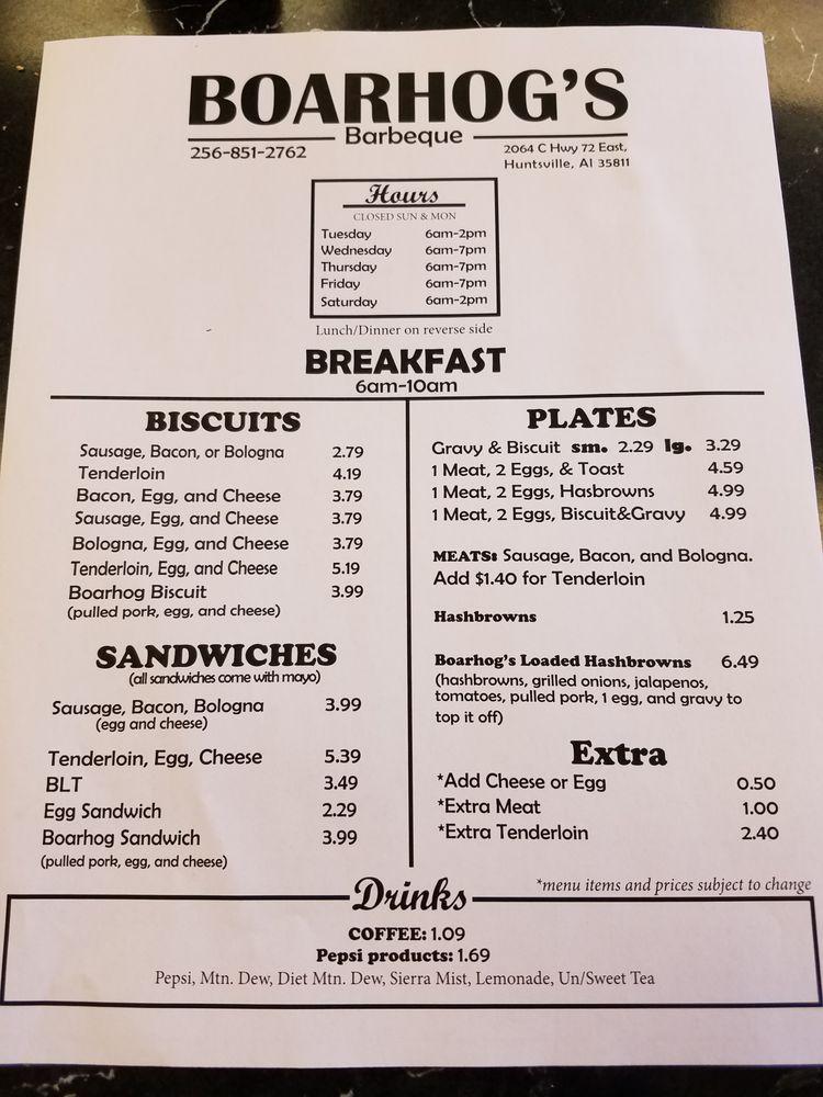 Menu at Boarhog's Barbeque, Huntsville