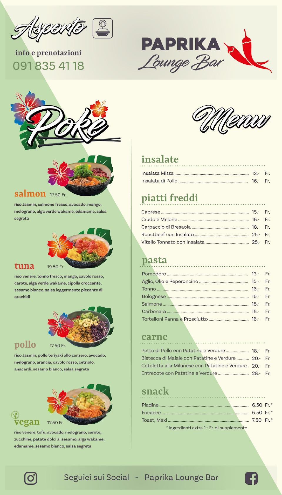 Menu at PAPRIKA Lounge Bar, Bellinzona