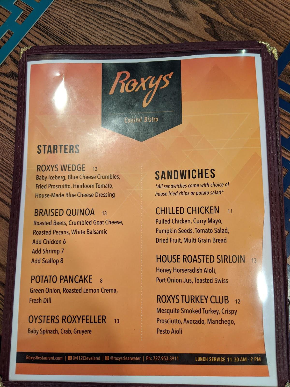 Menu at Roxys Clearwater pub & bar, Clearwater
