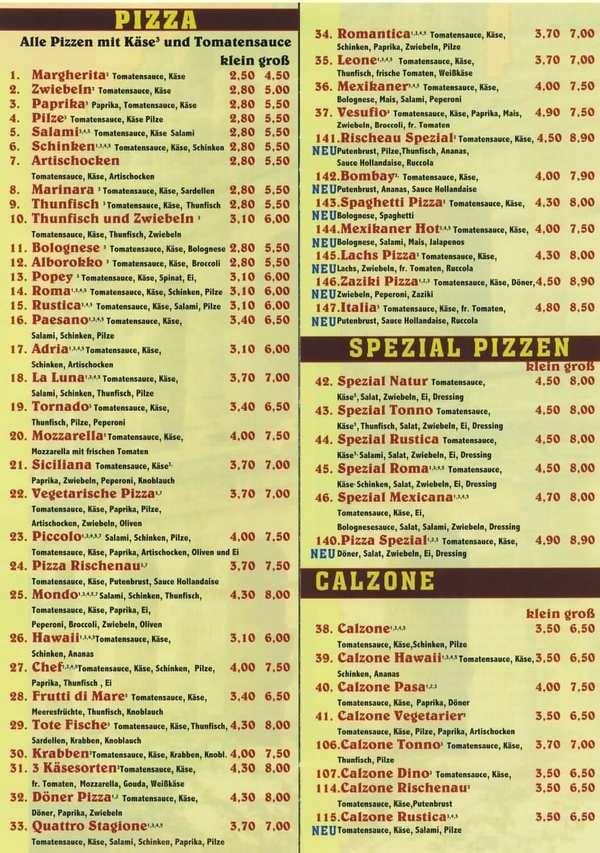 Menu at Piccolo restaurant, Lügde