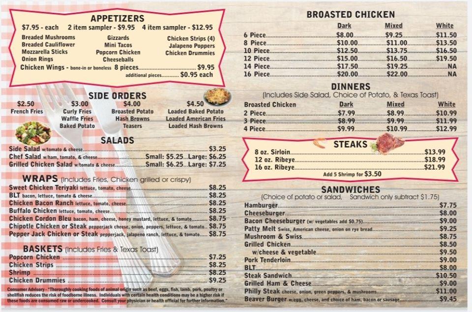 Menu at Beavers Den restaurant, Ayrshire