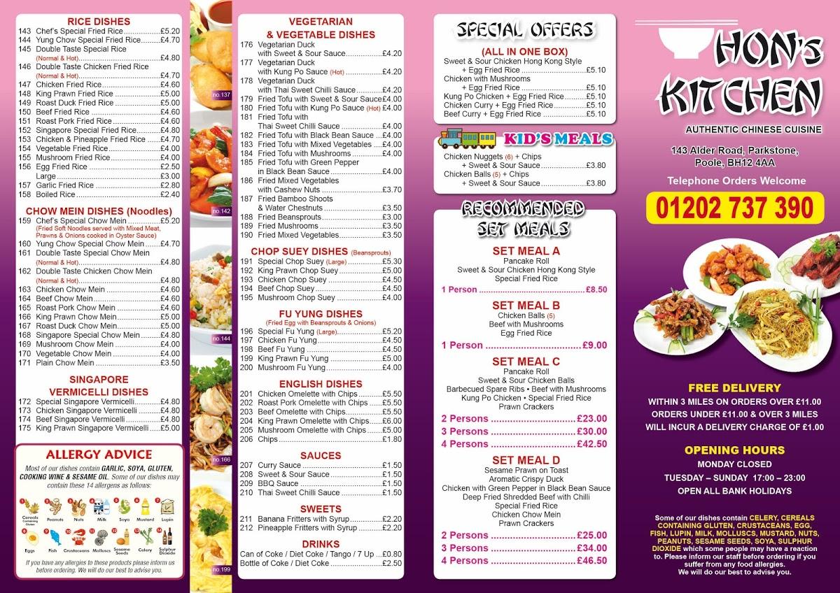Menu at Hon's Kitchen restaurant, Poole