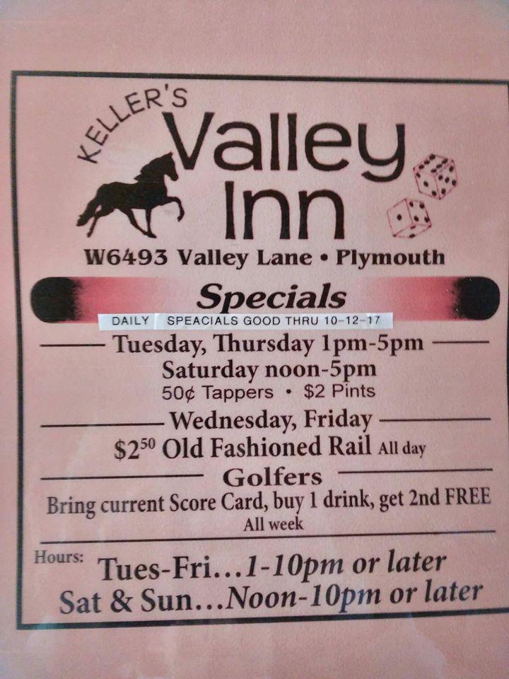 Menu at Keller's Valley Inn pub & bar, Plymouth