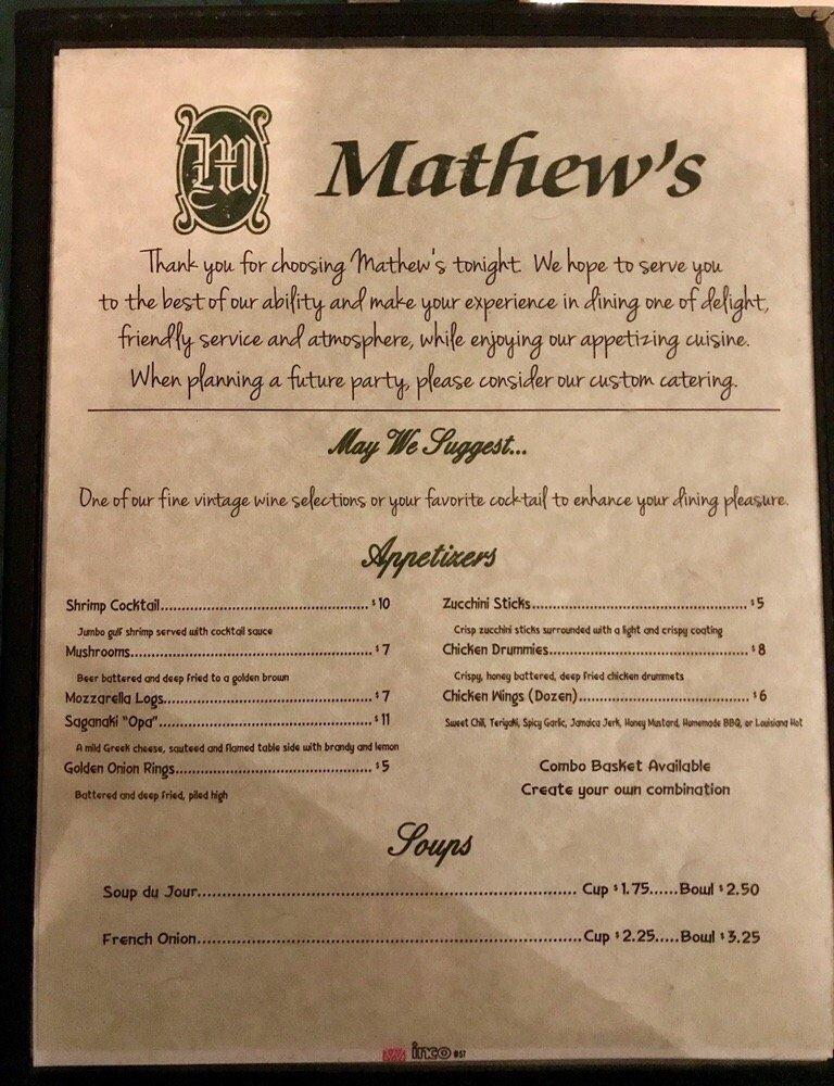 Menu at Mathew's Supper Club, Clintonville
