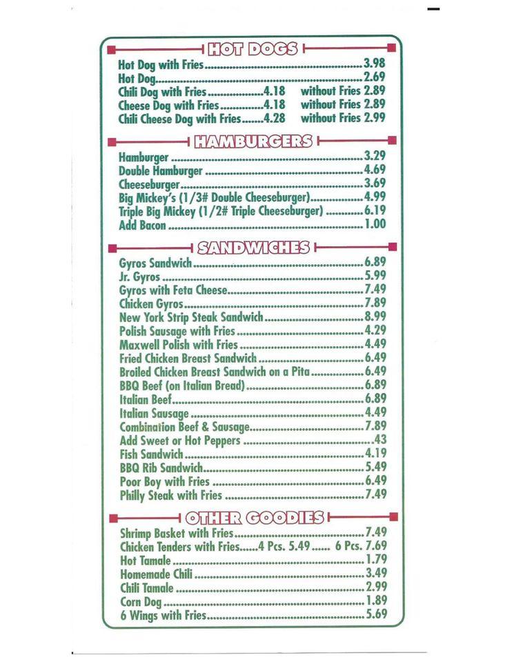 Menu at Mickey's Ribs & Gyros restaurant, Tinley Park