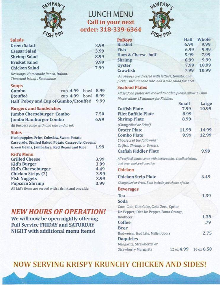 Menu at Paw Paw's Fish Fin restaurant, Jonesville