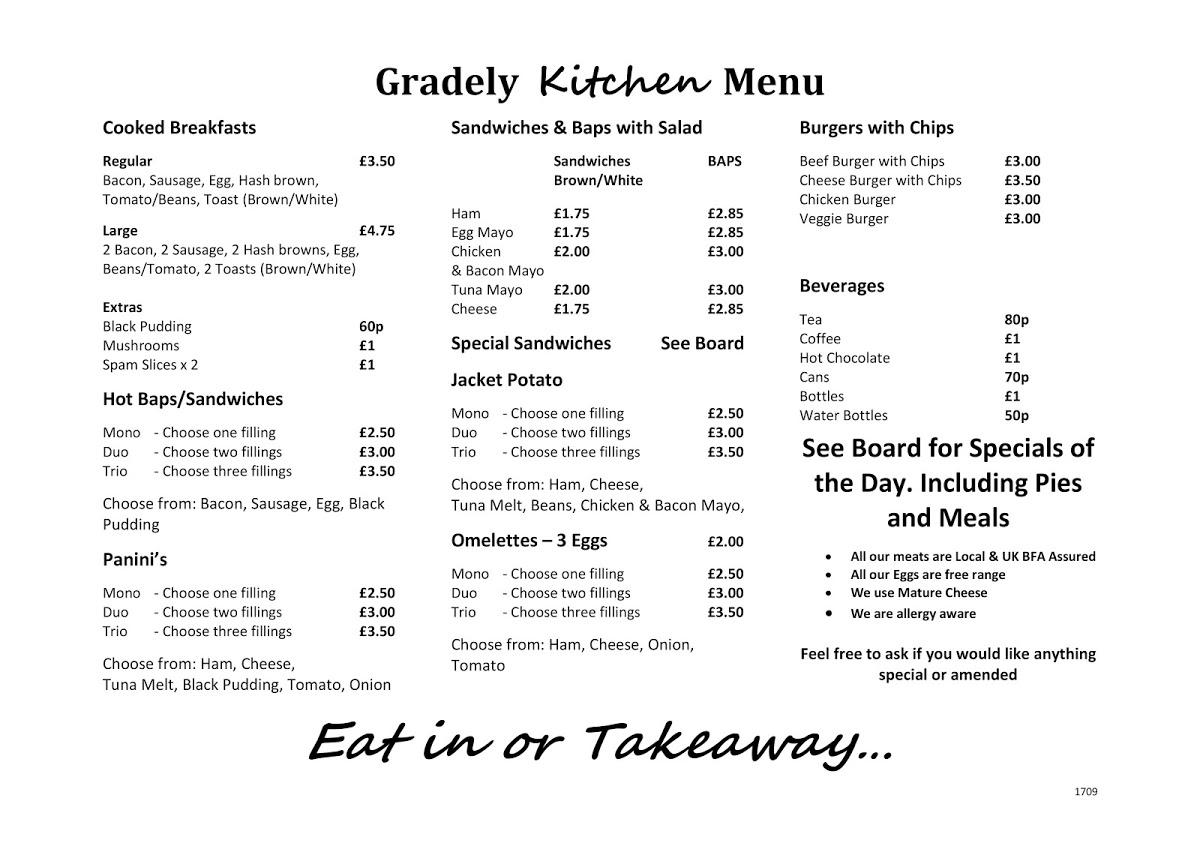 Menu at Gradely Kitchen restaurant, Burnley