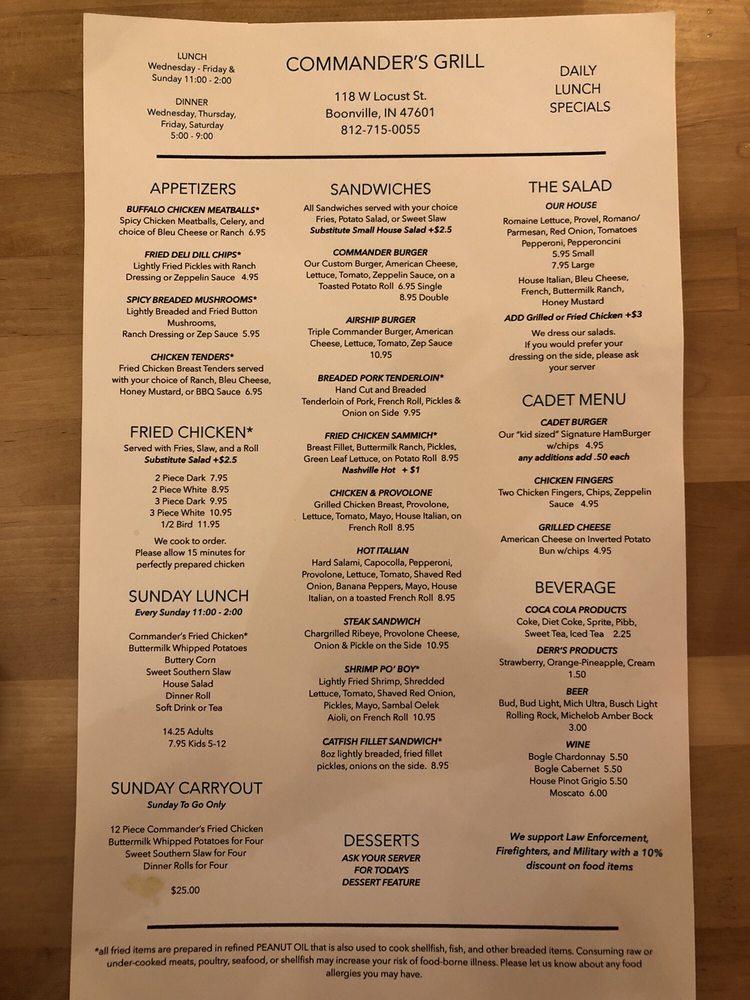 Menu at Commander's Grill restaurant, Boonville