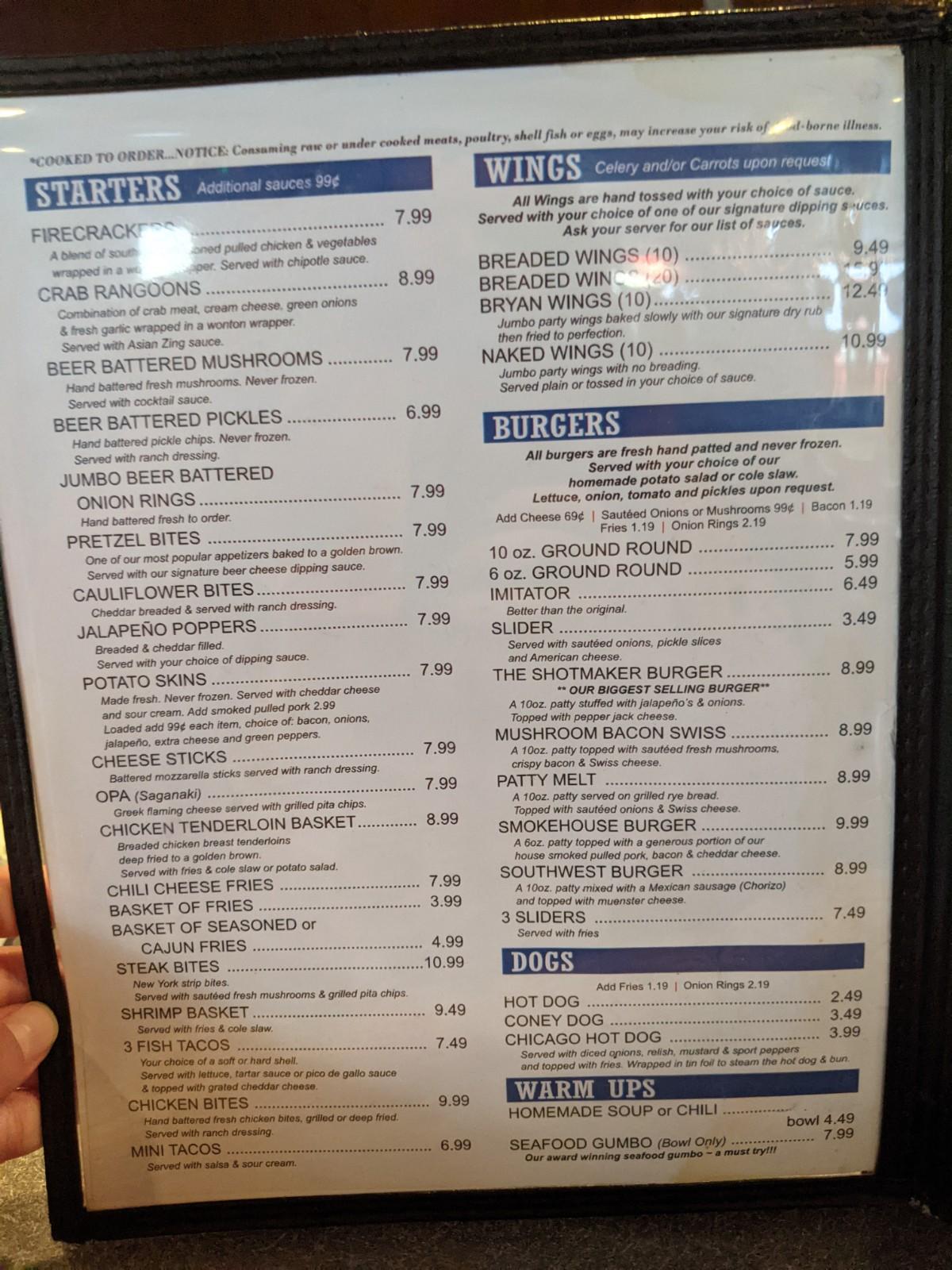 Carta del pub y bar Shotmakers, Harrisville