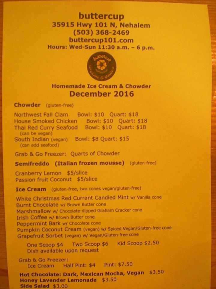 Menu at Buttercup desserts, Nehalem