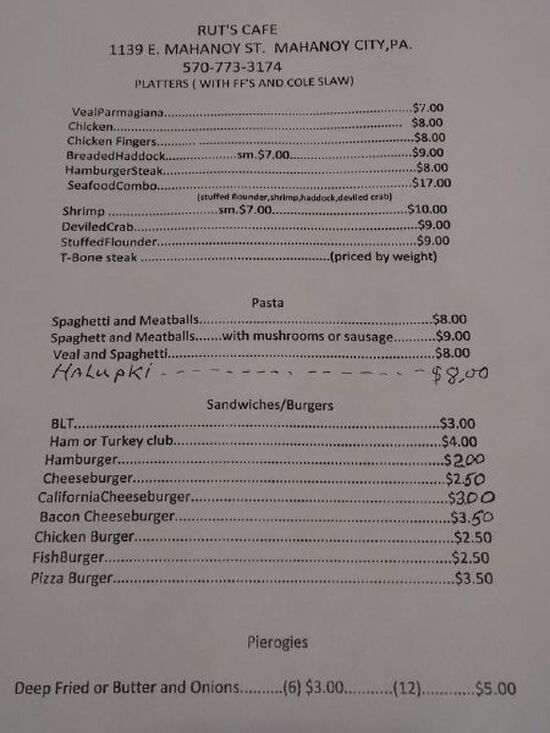 Menu at Rut's Cafe, Mahanoy City