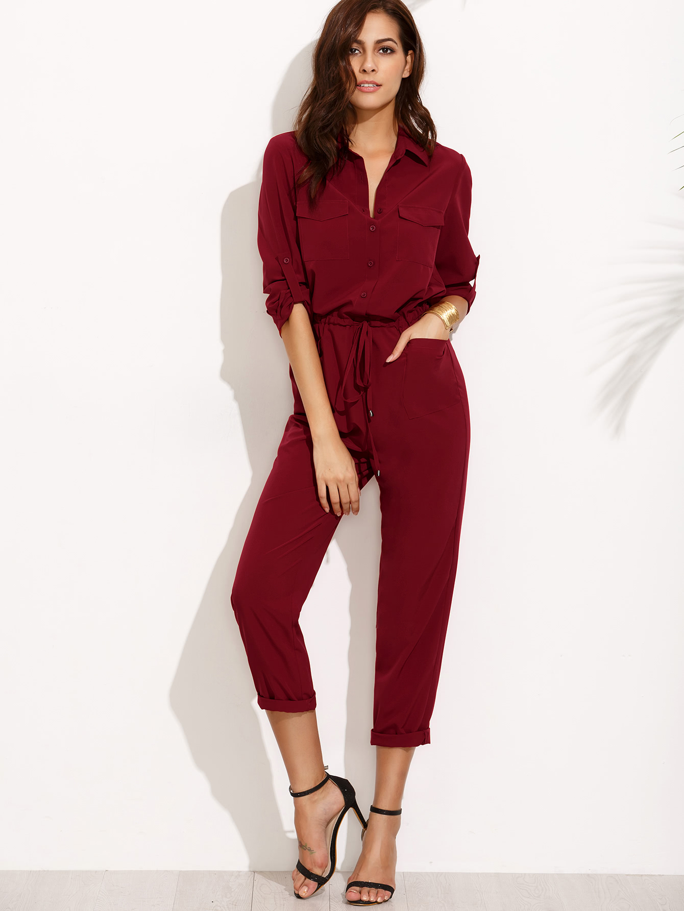 Tie Waist Pocket Rolled Sleeve Jumpsuit SheIn(Sheinside)