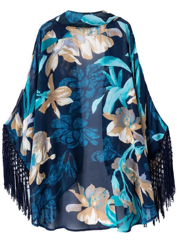 Blue Long Sleeve Floral Tassel Loose Kimono SheIn(Sheinside)