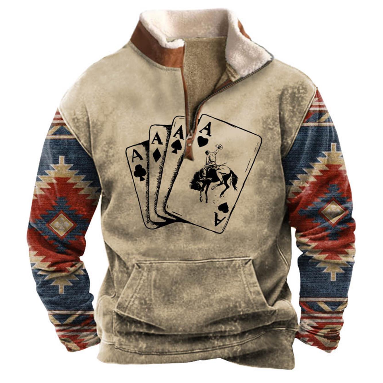 Men's Sweatshirt Quarter Zip Cowboy Playing Cards Western Ethnic Aztec Vintage Daily Tops