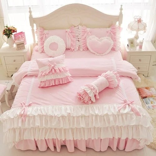 Pink Purple Blue Korean Princess Girl Fleece Fabric Bedding Set White
