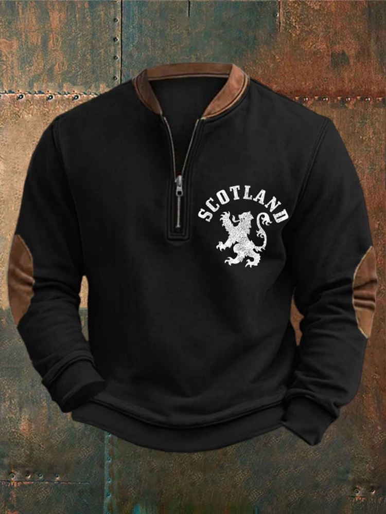 Comstylish Men's Scotland Lion Print Zip Collar Sweatshirt