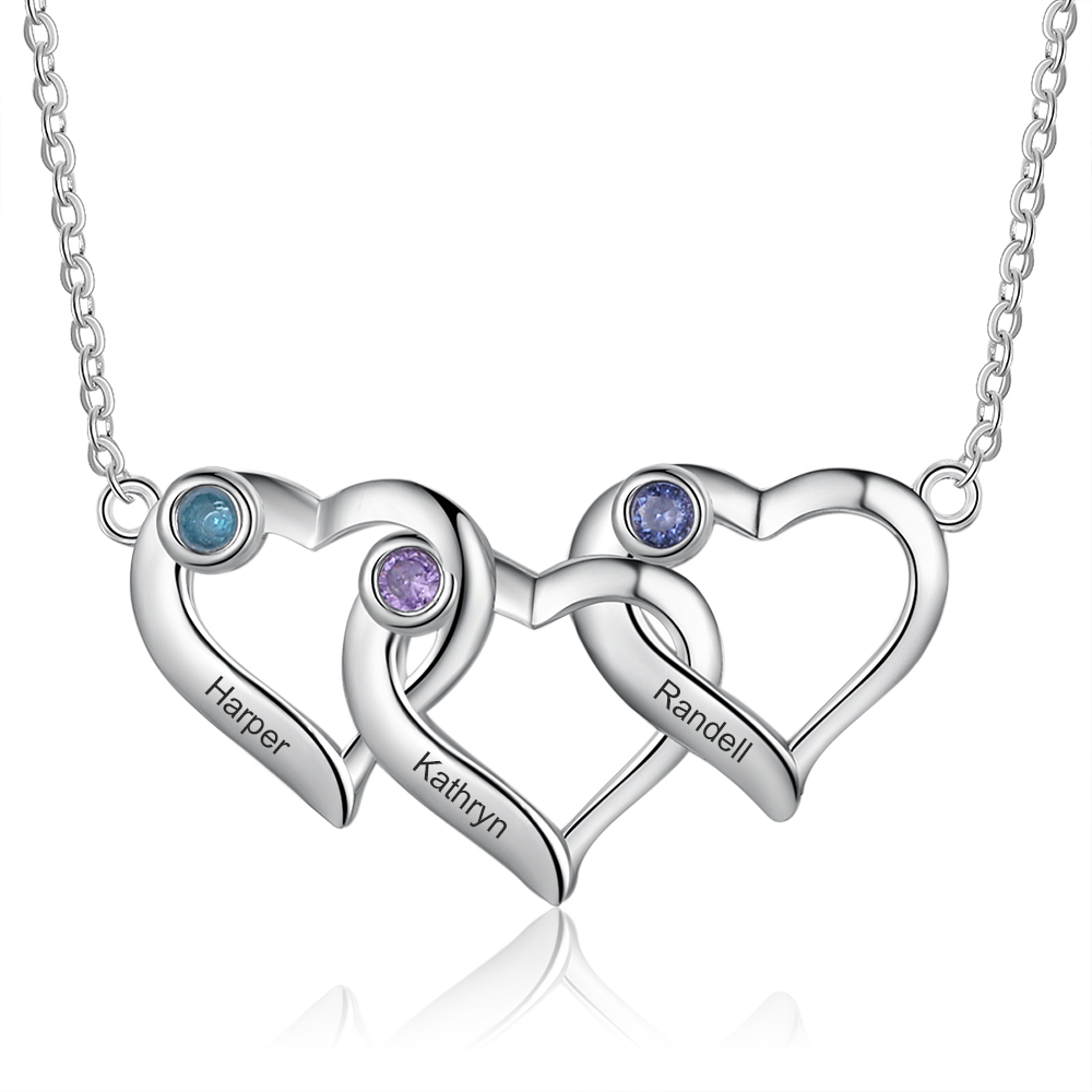 Personalized Heart Necklace With 3 Birthstones Engraved Names Gift For Her