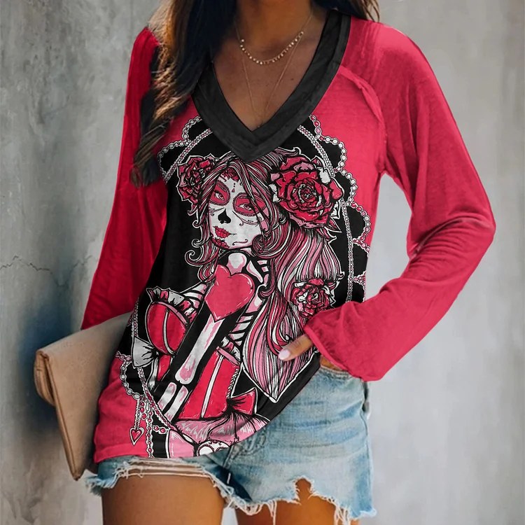 Comstylish Vintage Day Of The Dead Pink Skull Print VNeck TShirt