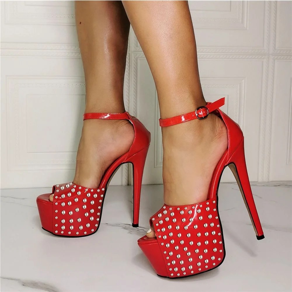 Red Patent Leather Platform Peep Toe Ankle Strap Pumps Killer High Heels