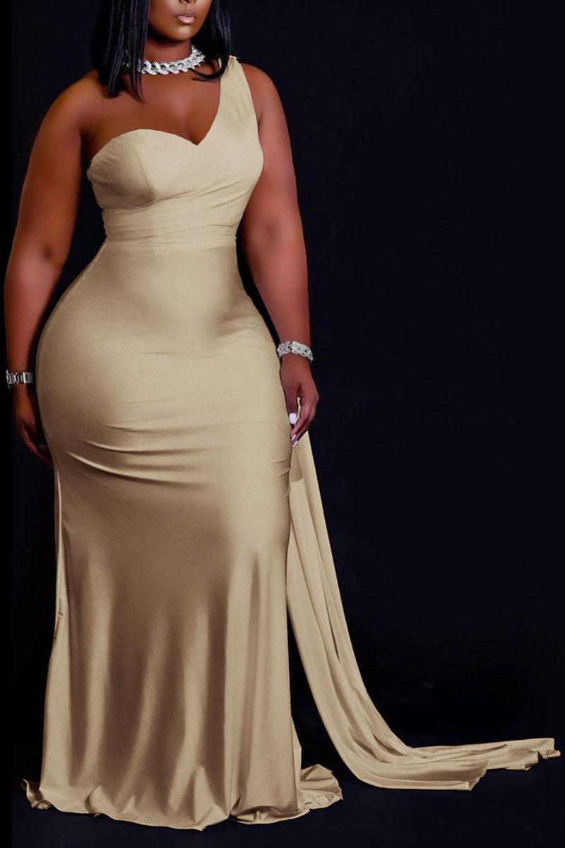Plus Size Champagne Elegant OneShoulder Dress Maxi Dress