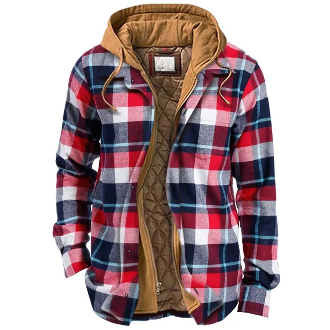 Men's casual Christmas plaid padded hooded jacket