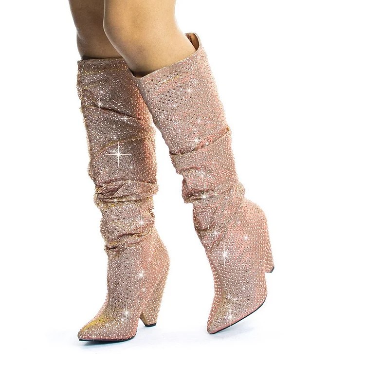 Pink Glitter KneeHigh Boots with Chunky Heels Vdcoo