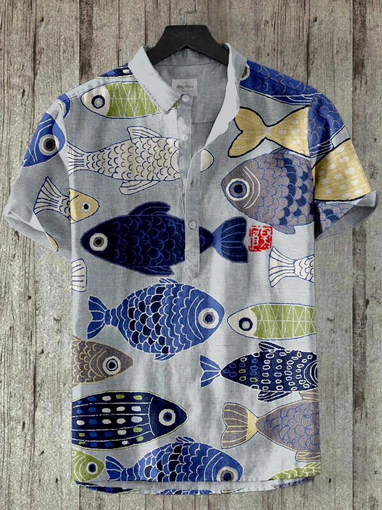 Vintage Fish Japanese Art Linen Blend Shirt