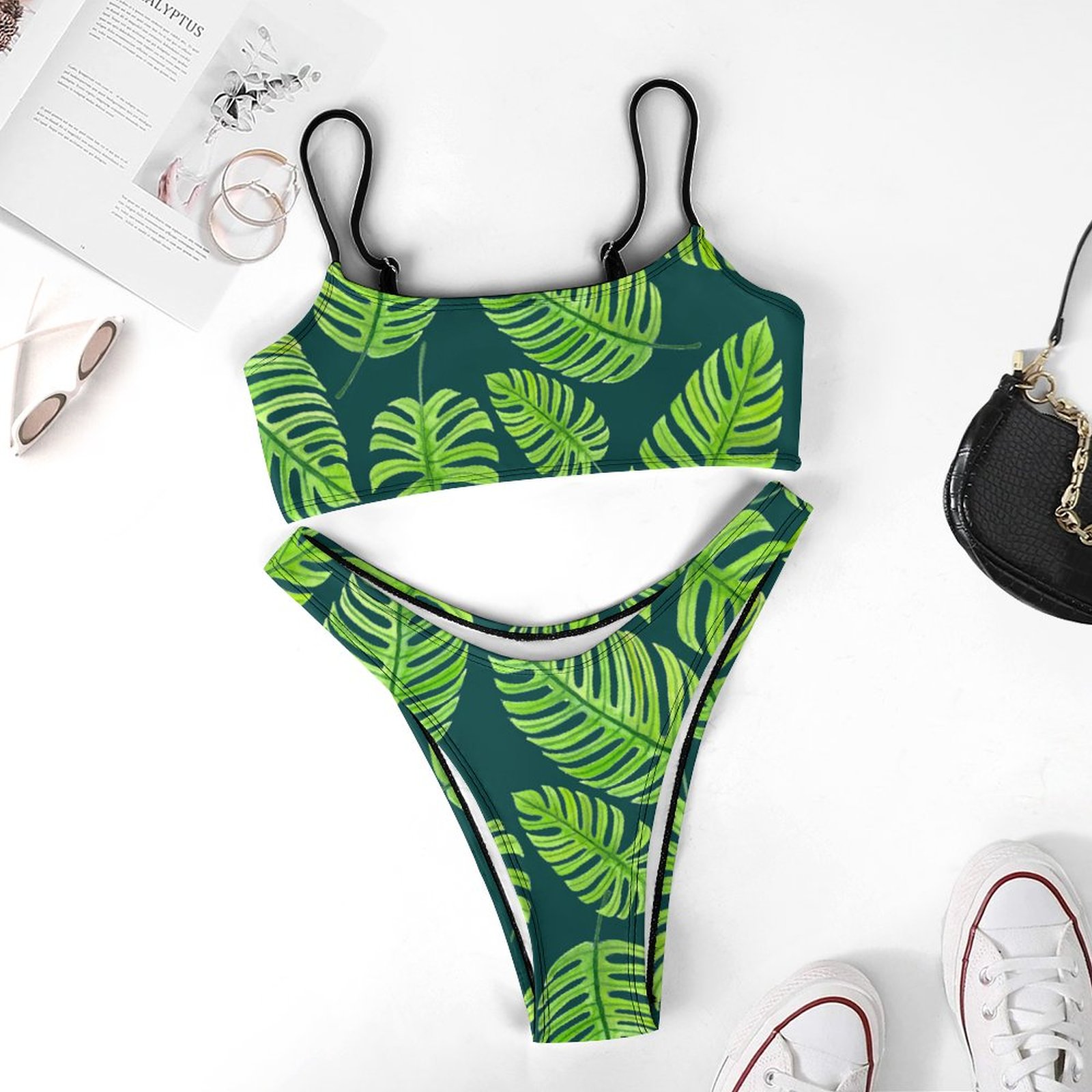 Monstera Leaves Tropical Watercolor 2 Piece High Cut Bikini Swimsuit