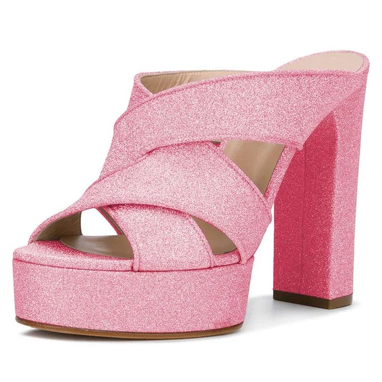 Pink Glitter Platform Chunky Heel Mule HeelsFSJshoes