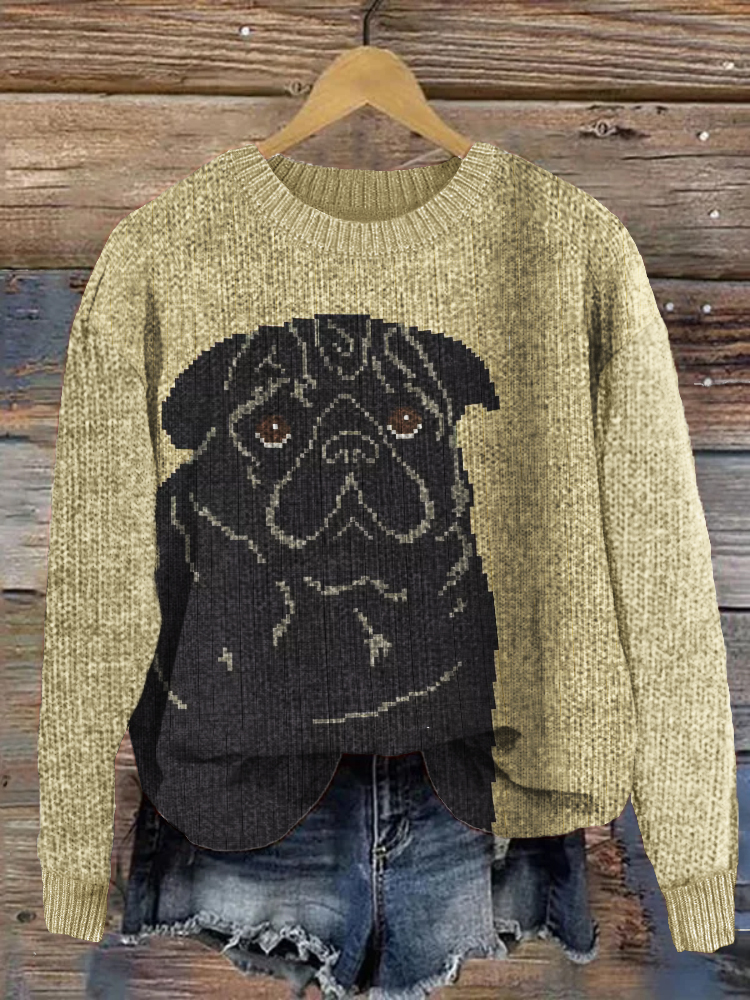 Comstylish Vintage Black Pug Dog Knit Pattern Cozy Sweater