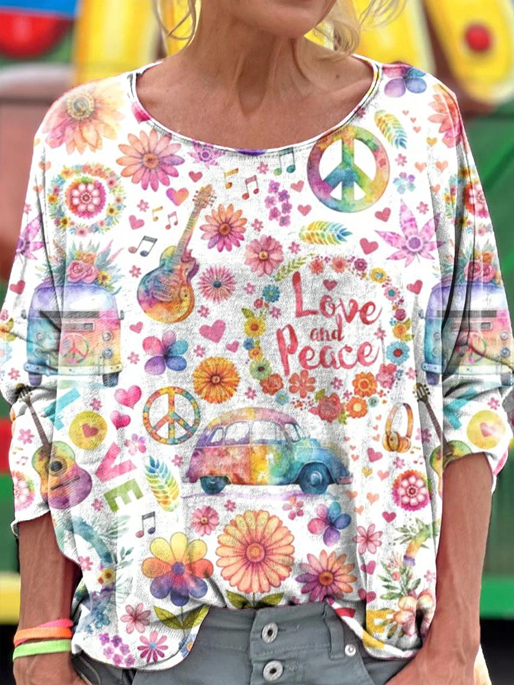 Comstylish Women's Peace Love Hippie Vibe Tie Dye Print Long Sleeve TShirt