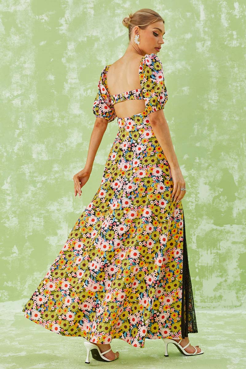 Daisy Floral Print Puff Sleeve Lace Trim Slit Maxi Dresses [Pre Order]