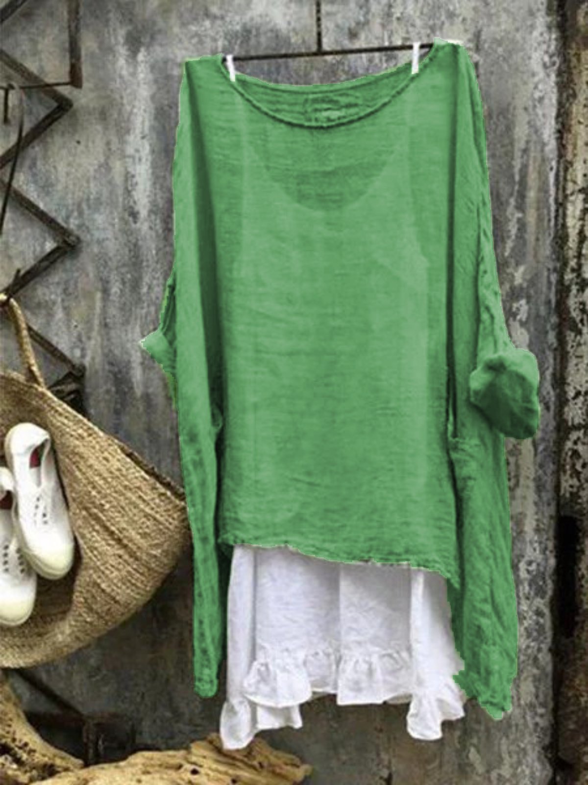 zolucky Women Thin Summer Linen 3/4 Sleeve Round Neck Top