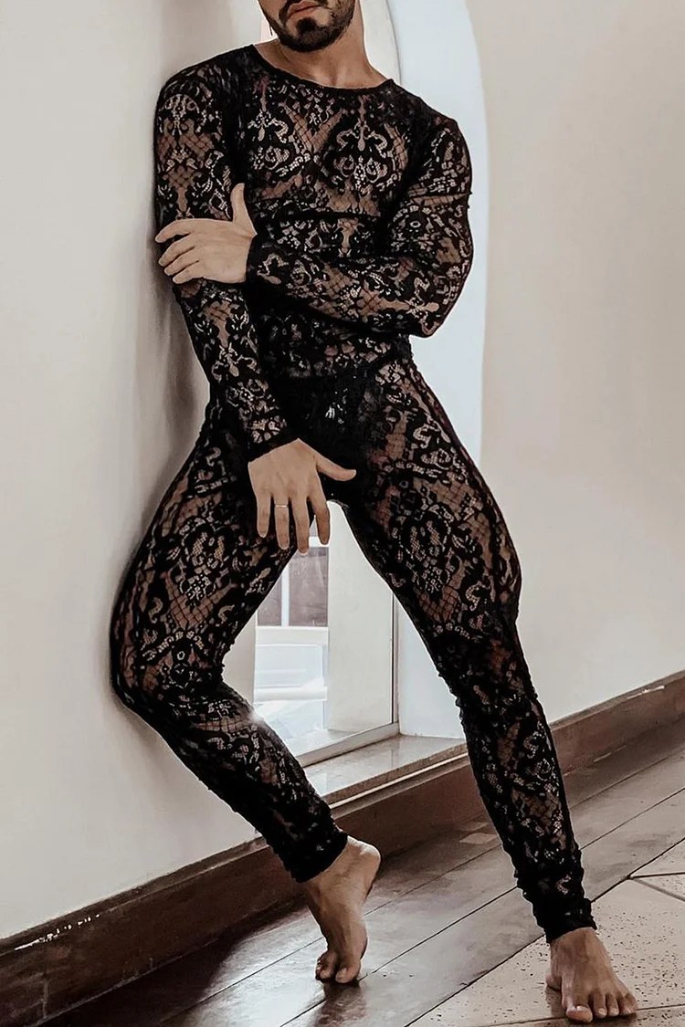 Ciciful Lace Jacquard See Through HighElastic Jumpsuit