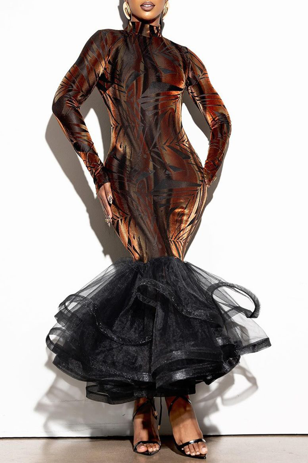 Plus Size Party Brown Mock Neck Long Sleeve Mermaid Ruffle Tulle Velvet