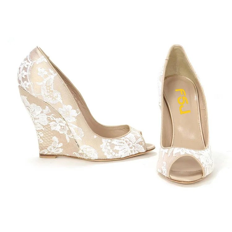 Nude Lace Wedding Wedges Peep Toe Bridal Heels PumpsFSJshoes
