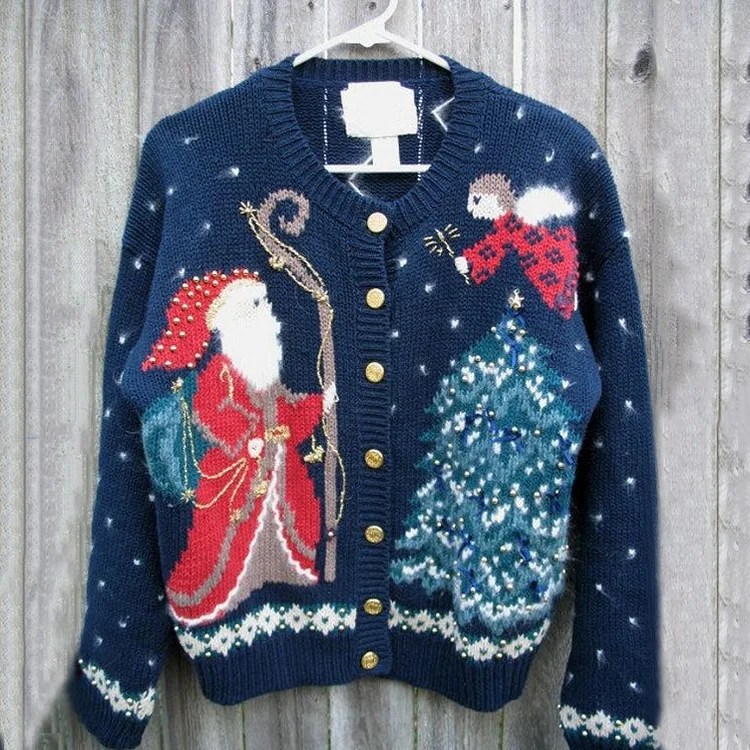 Comstylish Tacky Ugly Christmas Sweater Santa Claus Pattern Cardigan