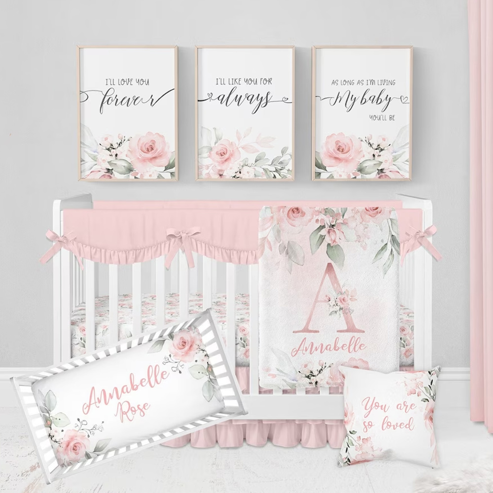 Floral Crib Bedding Set, Floral Nursery, Light Pink Crib BeddingDuckbe