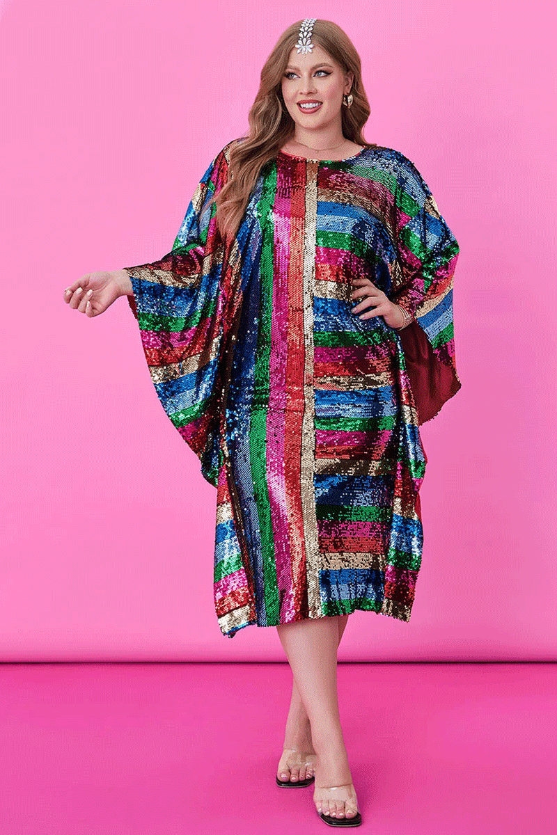 Xpluswear Design Plus Size Multicolor Party Roundneck Ruffle Rainbow