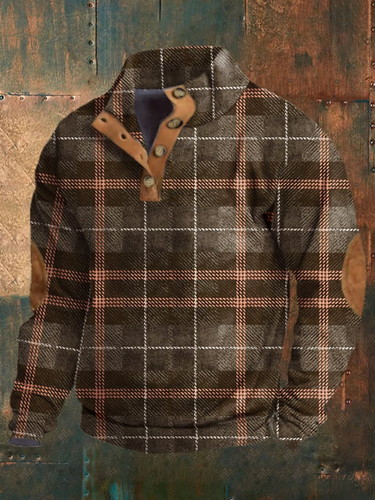 Comstylish Men's Retro Western Check Print Button Sweatshirt