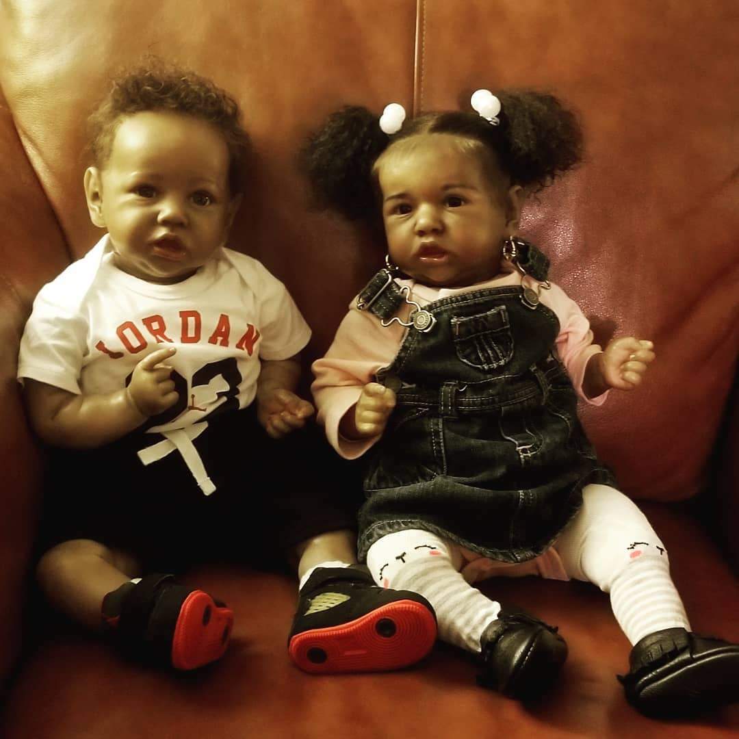 Coreborndoll 22'' Lifelike Reborn Twins Baby Girl&Boy Black Hair Black