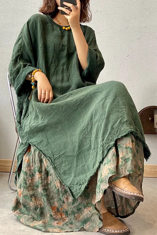 Summer Vintage Linen Long Dress Solid Color Thin Robe Women