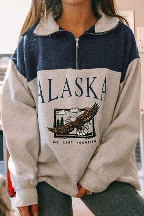 Alaska The Last Frontier Eagle Print Colorblock Zipper Front Lapel