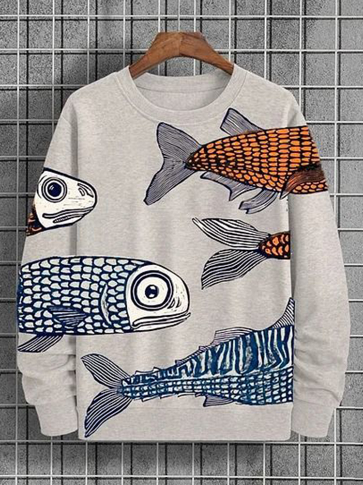 Comstylish Men's Japanese Art Fish Print Crew Neck Sweatshirt