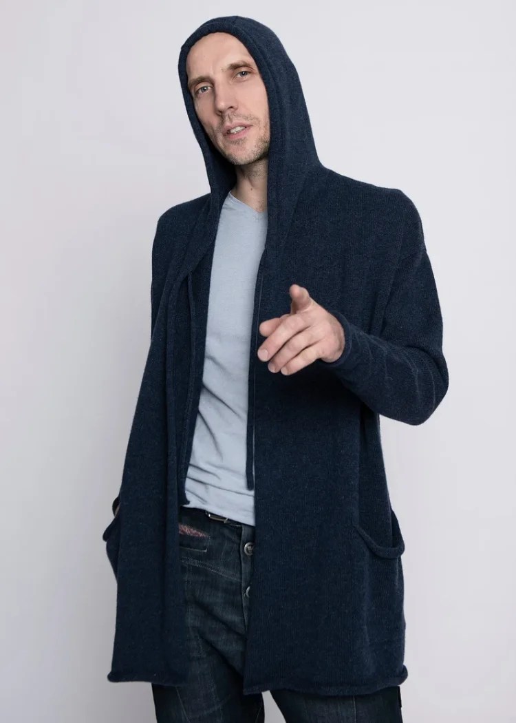 Long hooded cardigan for men, Cashmere cardigan with pockets, Merino