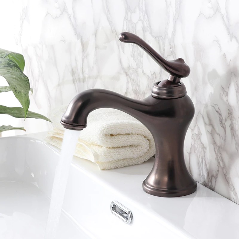 Antique Brass Single Bathroom Sink Faucet Hot And Cold Mixer Reddish Brown