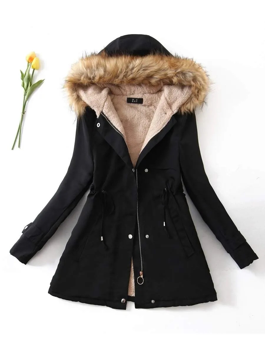 Contrast Faux Fur Teddy Lined Drawstring Parka Coat